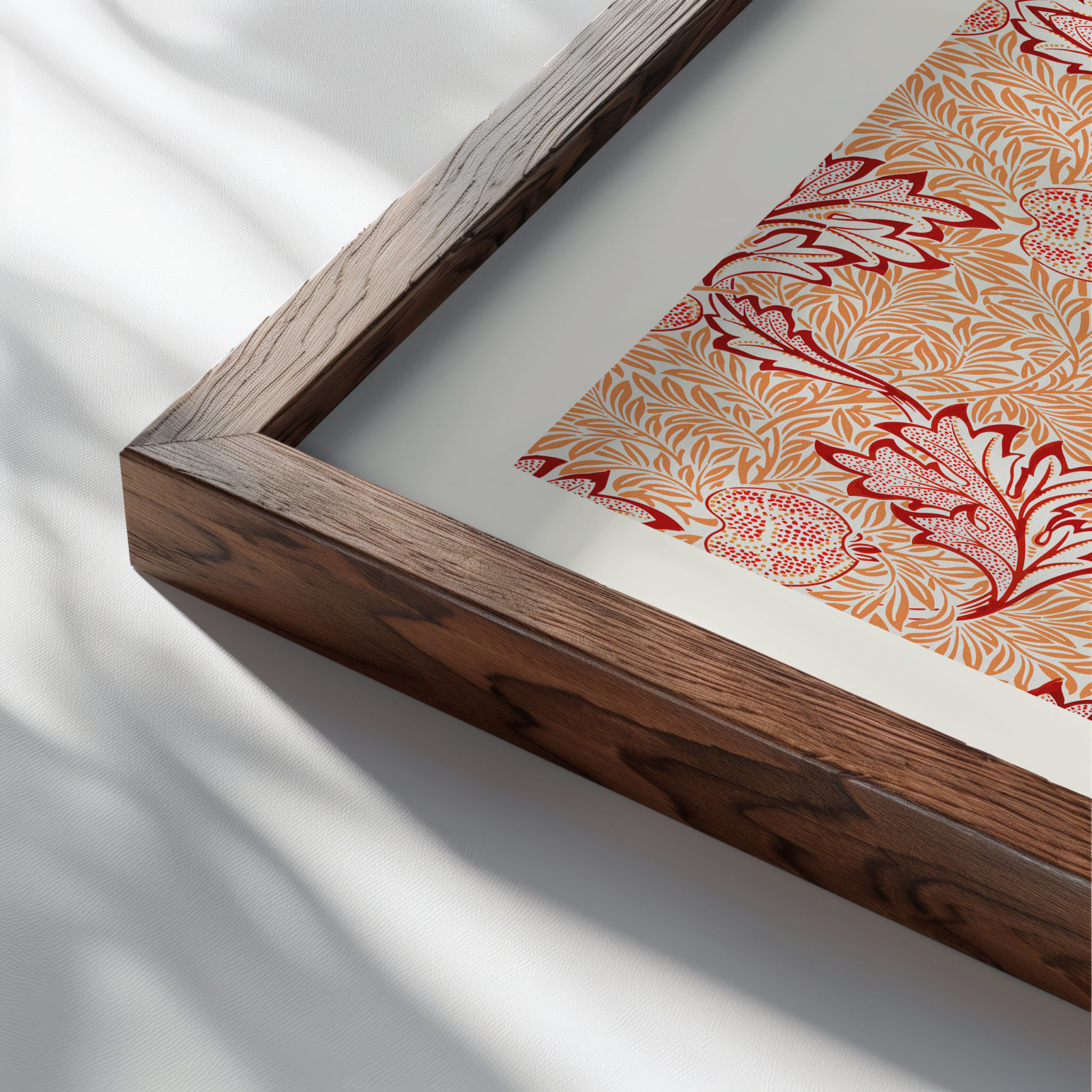 Premium walnut wood frame holding a William Morris “Apples” (1877) giclée print on archival fine art paper