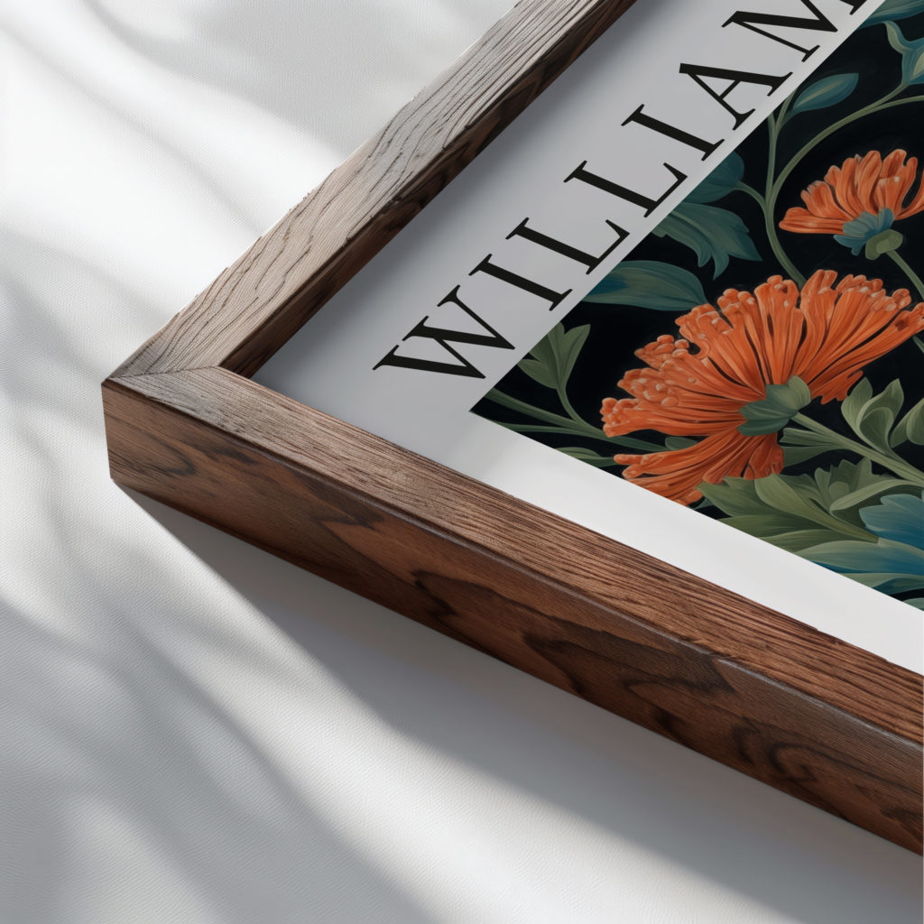 0003 william morris animals exhibition 3x4 close up dark wood mockup