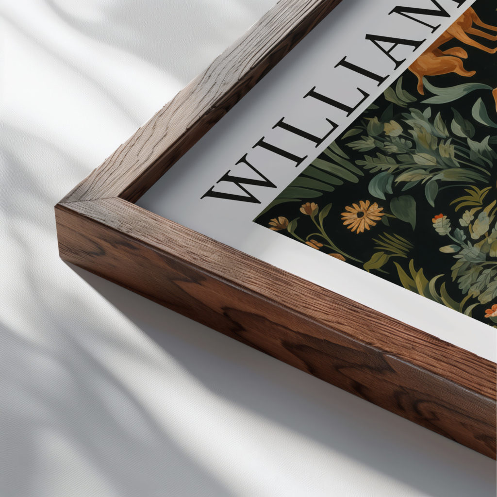 0005 william morris animals exhibition 3x4 close up dark wood mockup