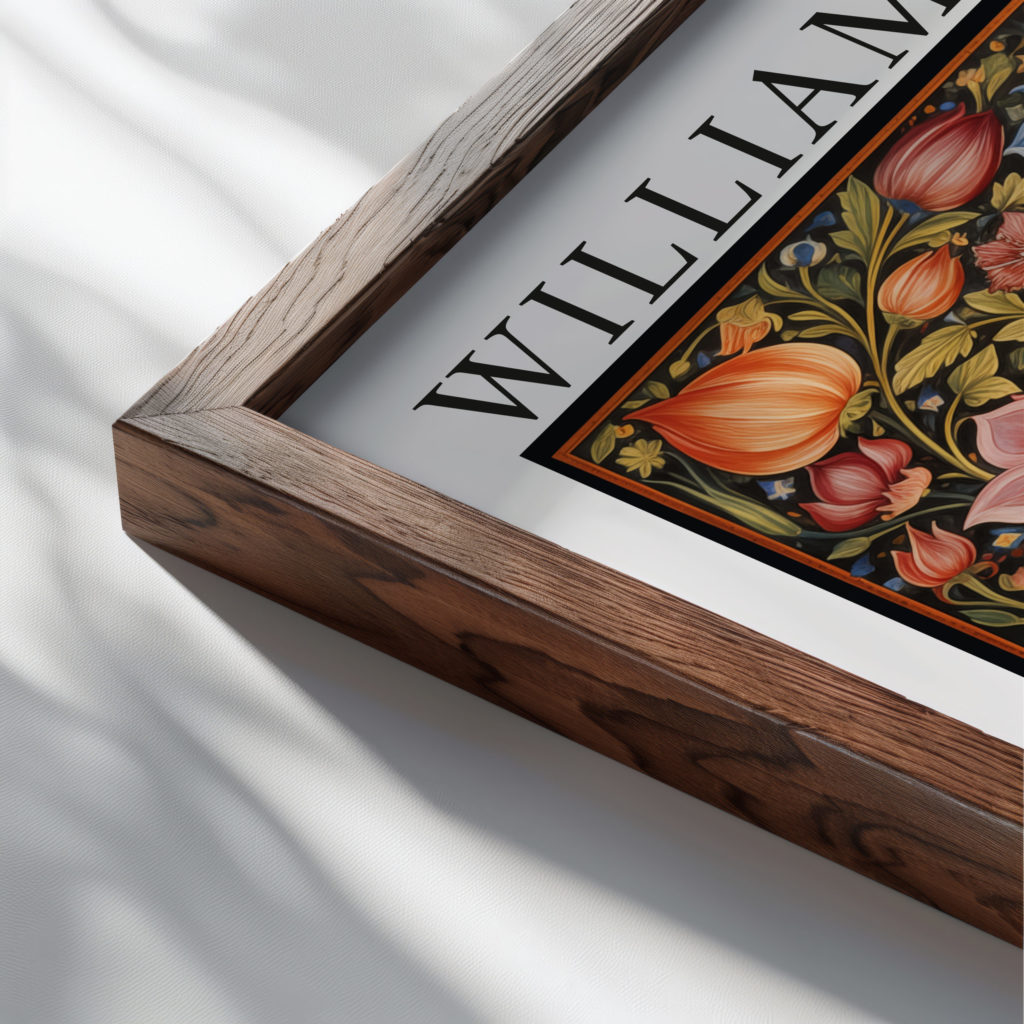 0008 william morris animals exhibition 3x4 close up dark wood mockup