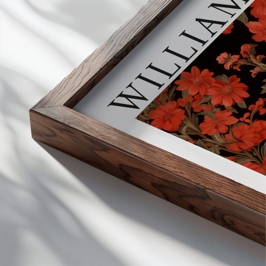 0010 william morris animals exhibition 3x4 close up dark wood mockup