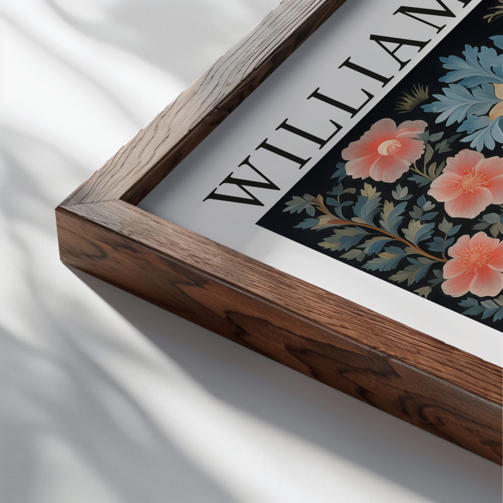 0013 william morris animals exhibition 3x4 close up dark wood mockup