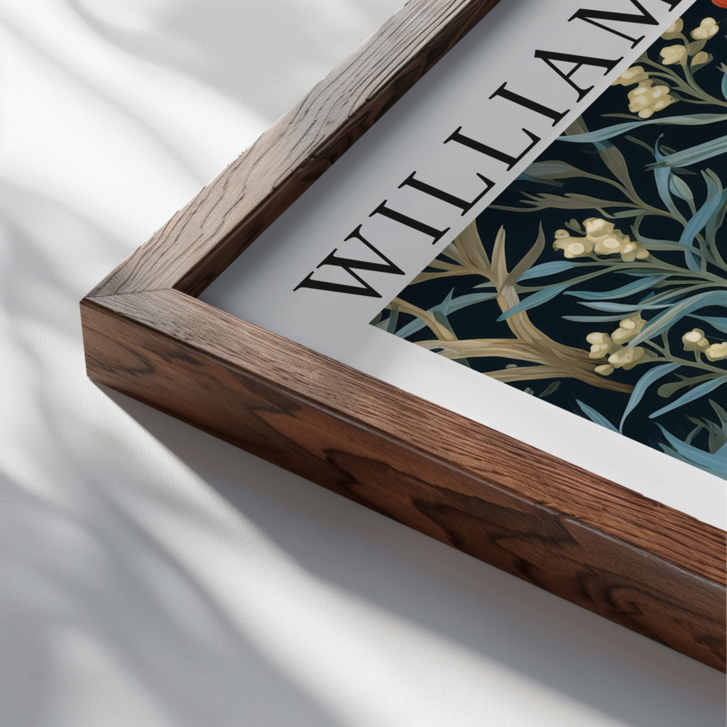 0014 william morris animals exhibition 3x4 close up dark wood mockup