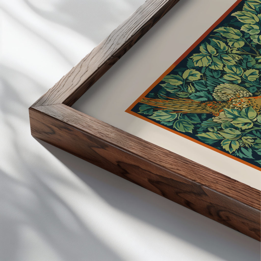 0017 morris PHEASANT 1916 3x4 close up dark wood mockup