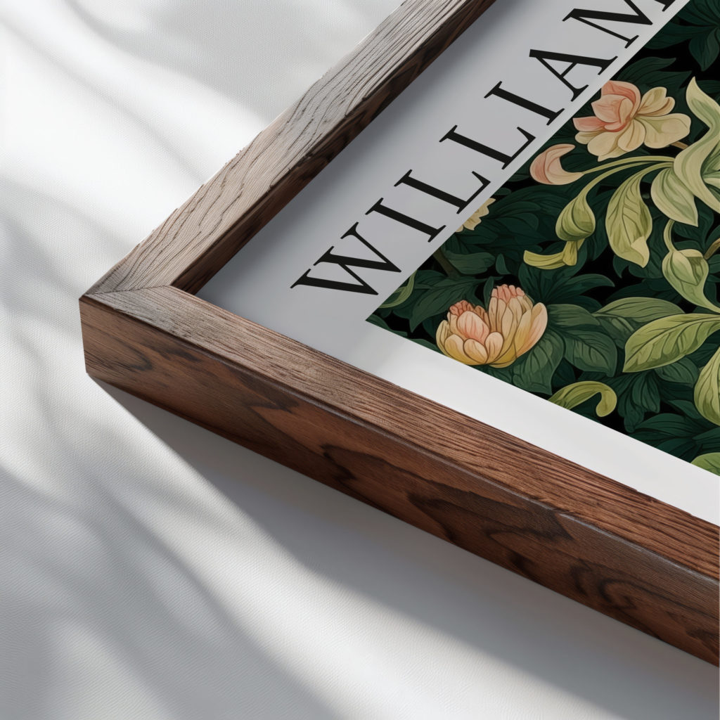 0017 william morris animals exhibition 3x4 close up dark wood mockup