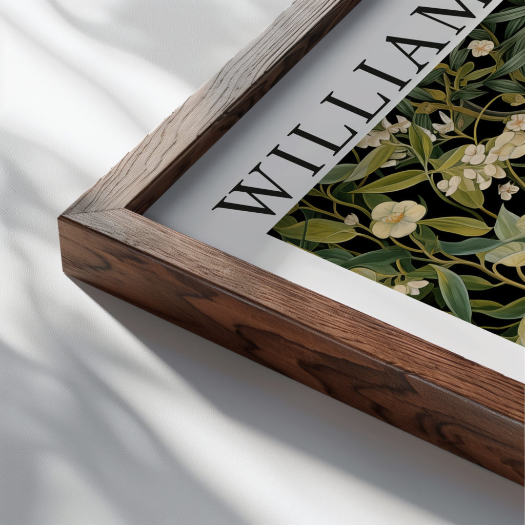 0019 william morris animals exhibition 3x4 close up dark wood mockup