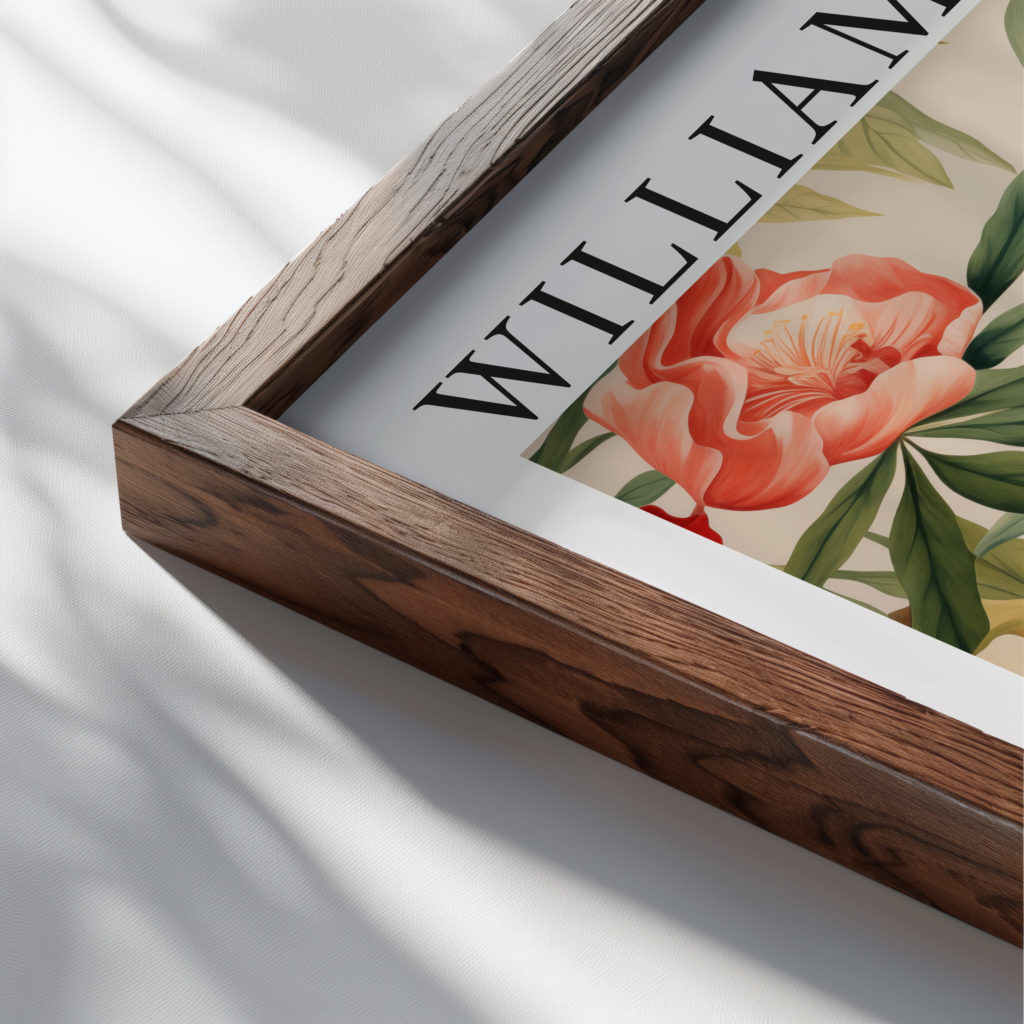 0020 william morris animals exhibition 3x4 close up dark wood mockup