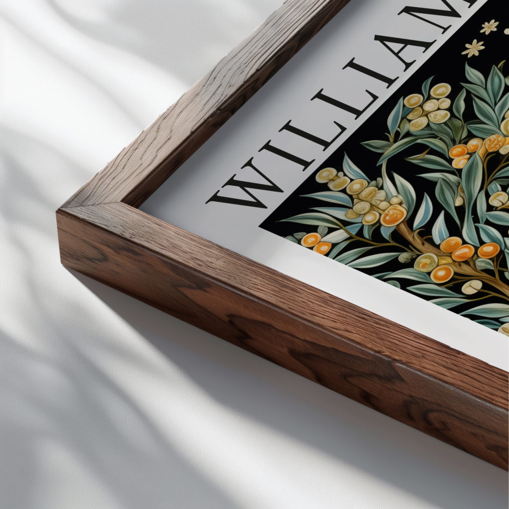0022 william morris animals exhibition 3x4 close up dark wood mockup