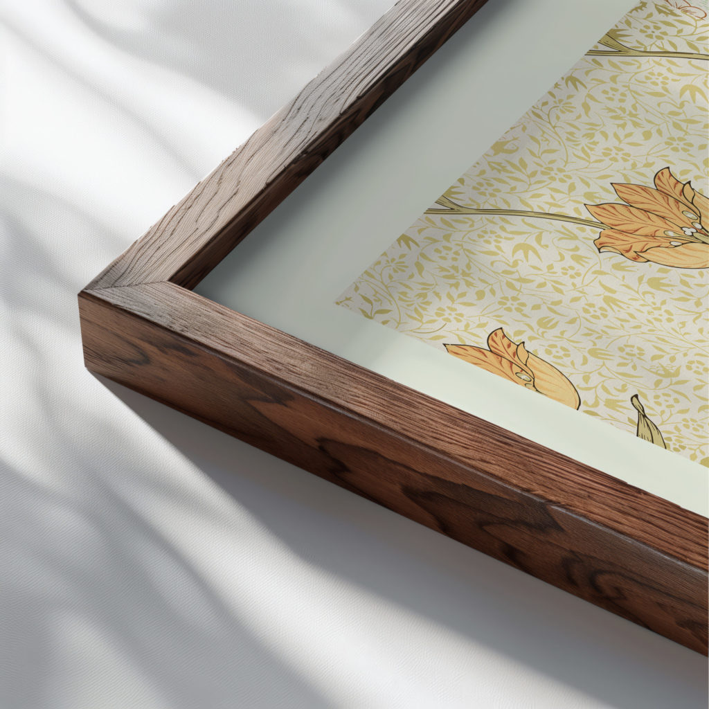 0023 morris tulip daisy 3x4 close up dark wood mockup