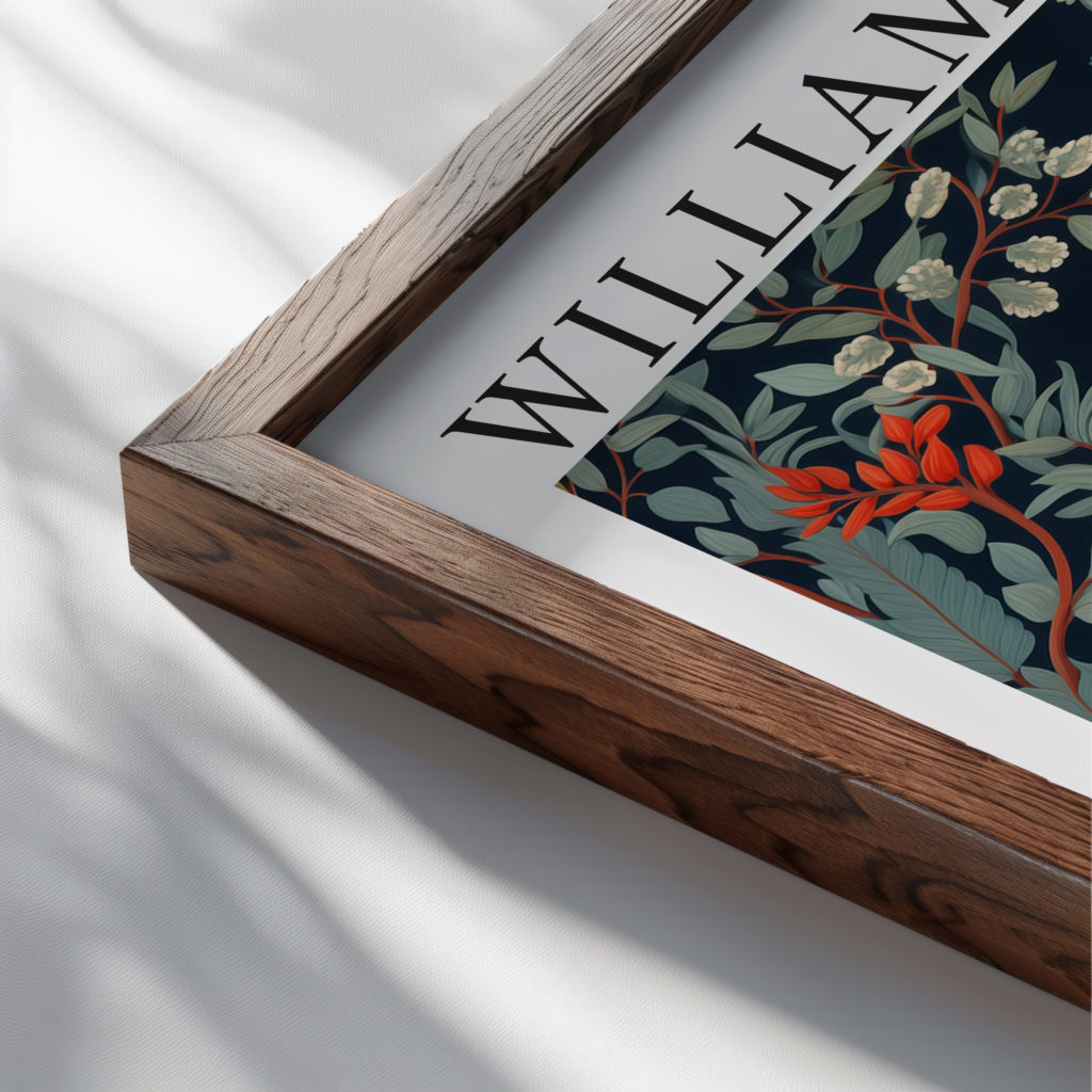 0023 william morris animals exhibition 3x4 close up dark wood mockup