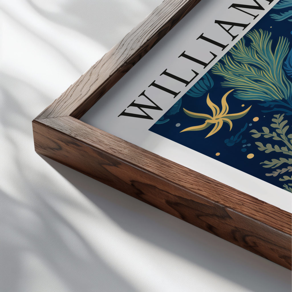 0025 william morris animals exhibition 3x4 close up dark wood mockup