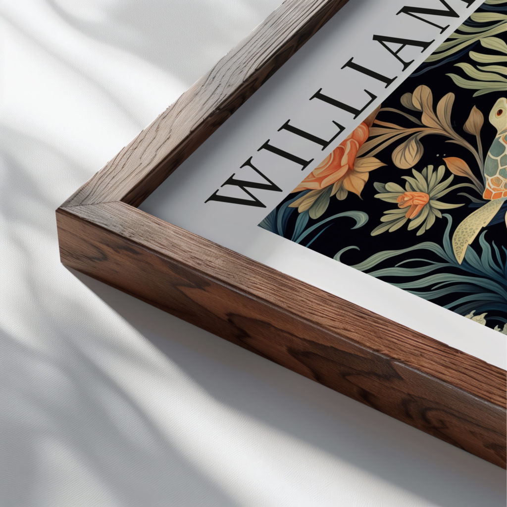 0027 william morris animals exhibition 3x4 close up dark wood mockup