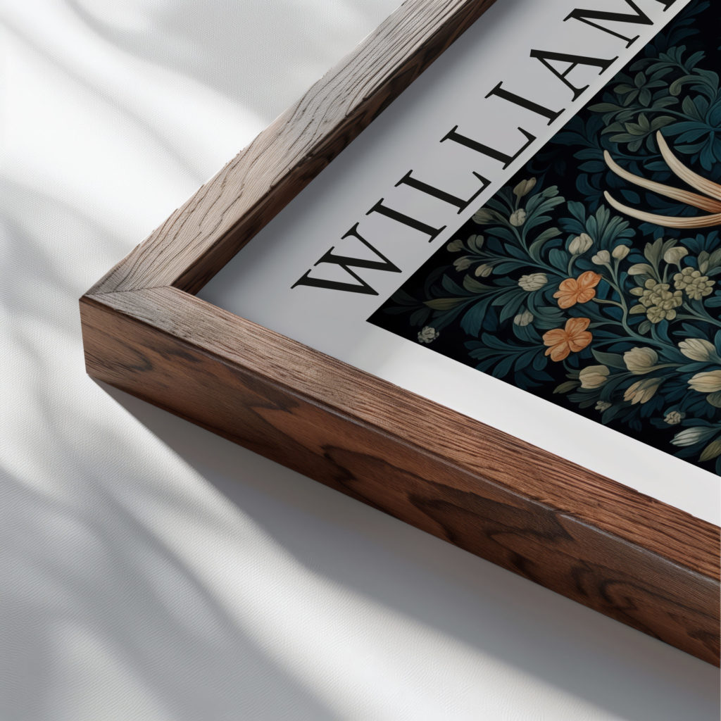 0030 william morris animals exhibition 3x4 close up dark wood mockup