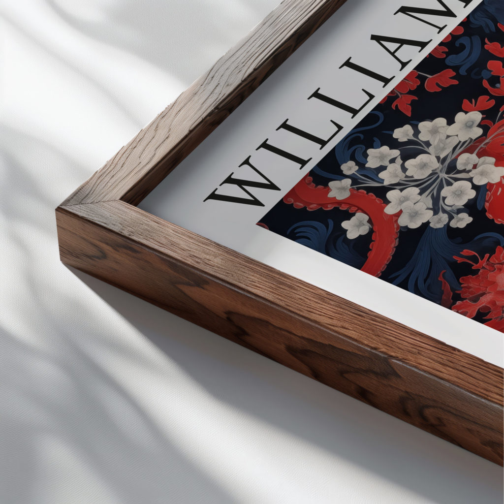 0033 william morris animals exhibition 3x4 close up dark wood mockup