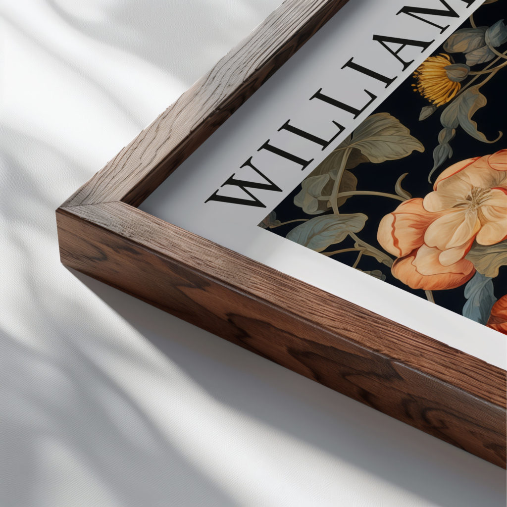 0034 william morris animals exhibition 3x4 close up dark wood mockup