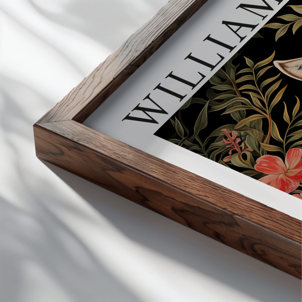 0036 william morris animals exhibition 3x4 close up dark wood mockup
