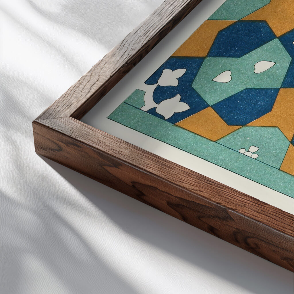 18 plates of ornamental tiles from the Afghan Boundary Commission Pl 01 1884 Afghan Boundary Commission close up dark wood mockup