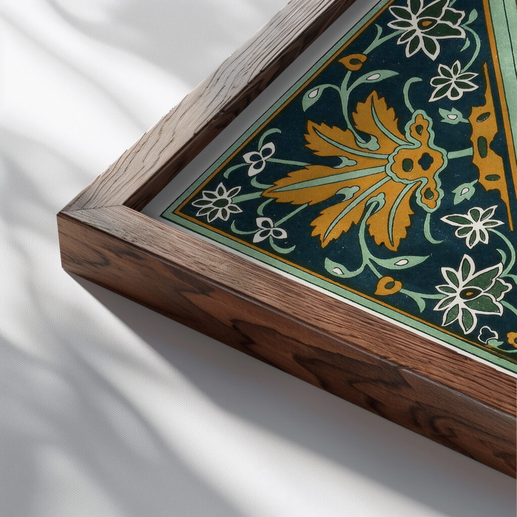 18 plates of ornamental tiles from the Afghan Boundary Commission Pl 11 1884 Afghan Boundary Commission close up dark wood mockup