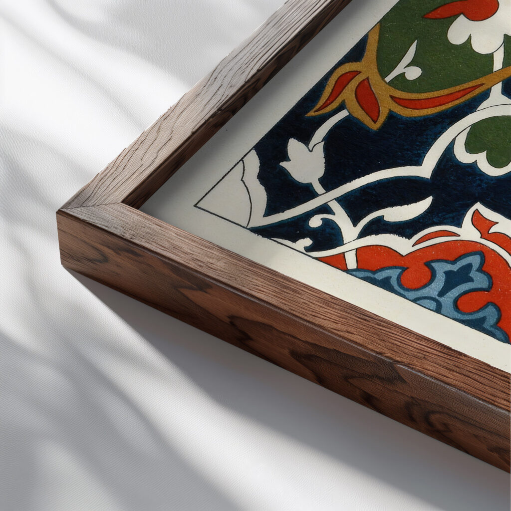 18 plates of ornamental tiles from the Afghan Boundary Commission Pl 17 1884 Afghan Boundary Commission close up dark wood mockup