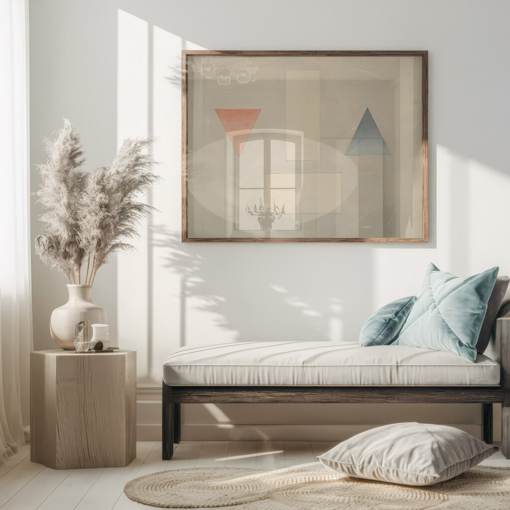 A red triangle pointing downwards a blue triangle pointung upwards and two floating rectangles David Humbert de Superville 5 mockup