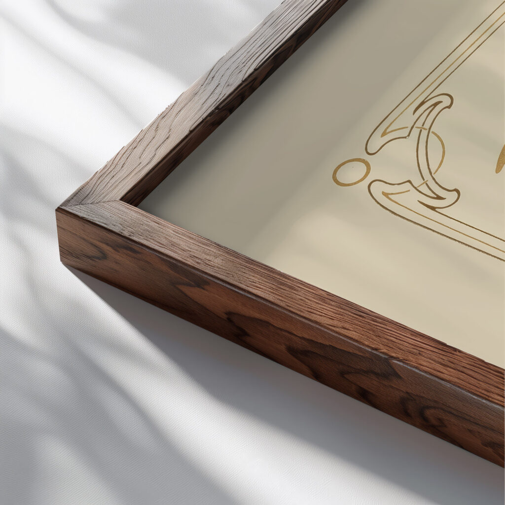 Abstract design based on arabesques 1900 Alphonse Mucha close up dark wood mockup