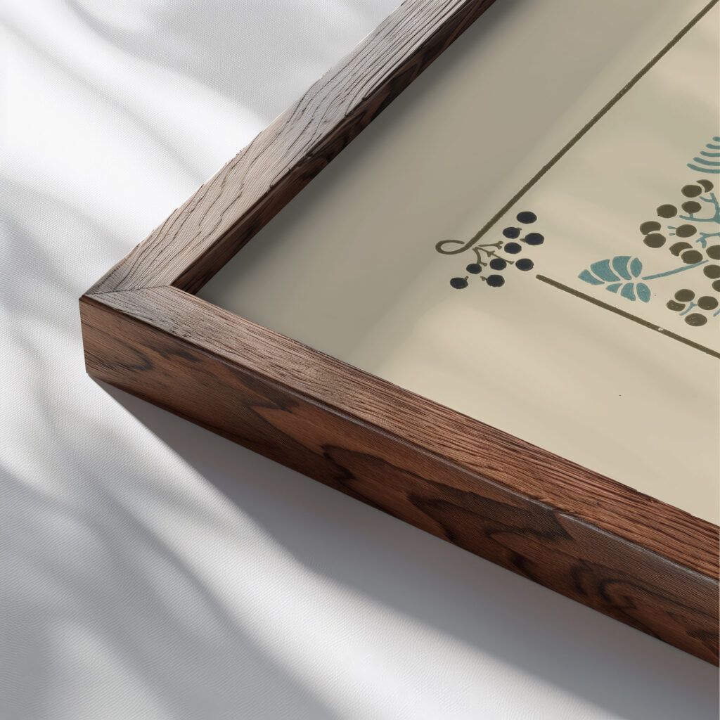 Abstract design based on berries and flowers 1900 Maurice Pillard Verneuil close up dark wood mockup