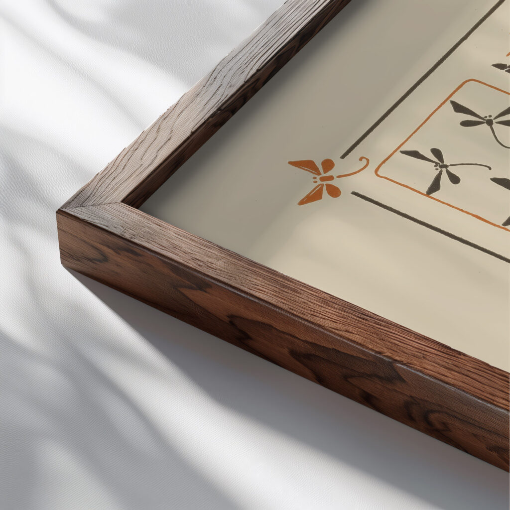 Abstract design based on birds fish butterflies dragonflies 1900 Maurice Pillard Verneuil close up dark wood mockup