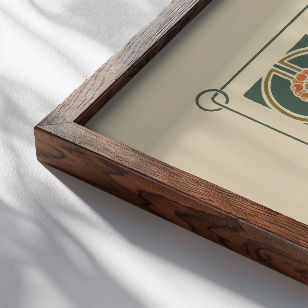 Abstract design based on flower buds berries tulips 1900 Maurice Pillard Verneuil close up dark wood mockup