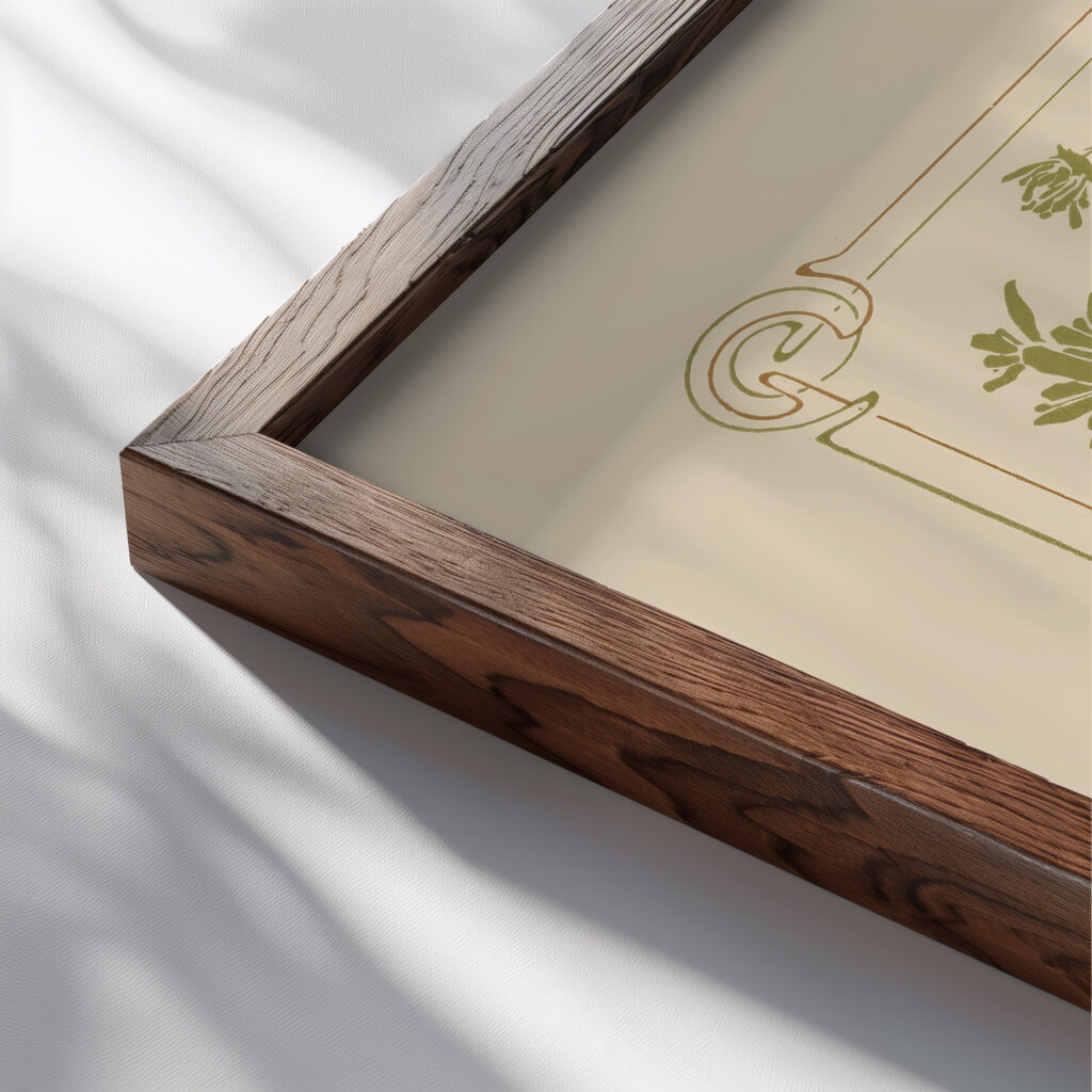 Abstract design based on flowers and arabesques. 1900 Alphonse Mucha close up dark wood mockup