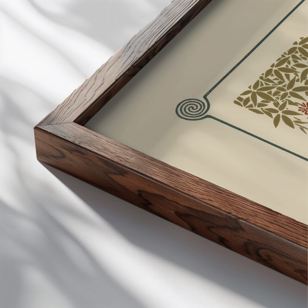 Abstract design based on flowers and berries 1900 Maurice Pillard Verneuil close up dark wood mockup