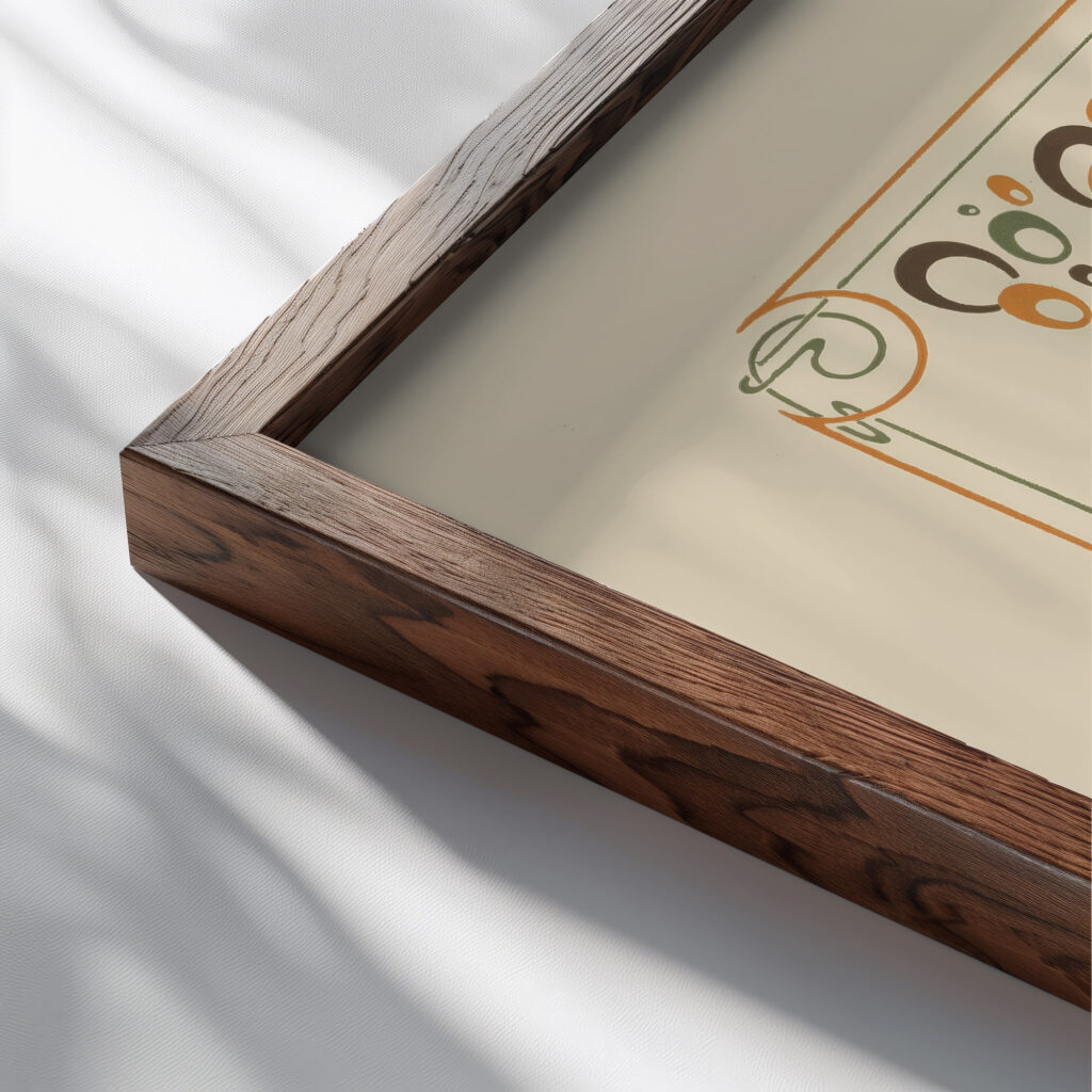 Abstract design based on flowers and curvilinear shapes. 1900 Alphonse Mucha close up dark wood mockup