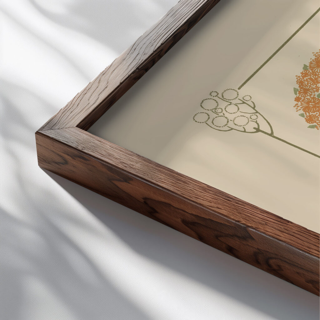 Abstract design based on flowers and garlands 1900 Maurice Pillard Verneuil close up dark wood mockup