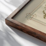 Abstract design based on flowers and leaves 1900 Alphonse Mucha close up dark wood mockup