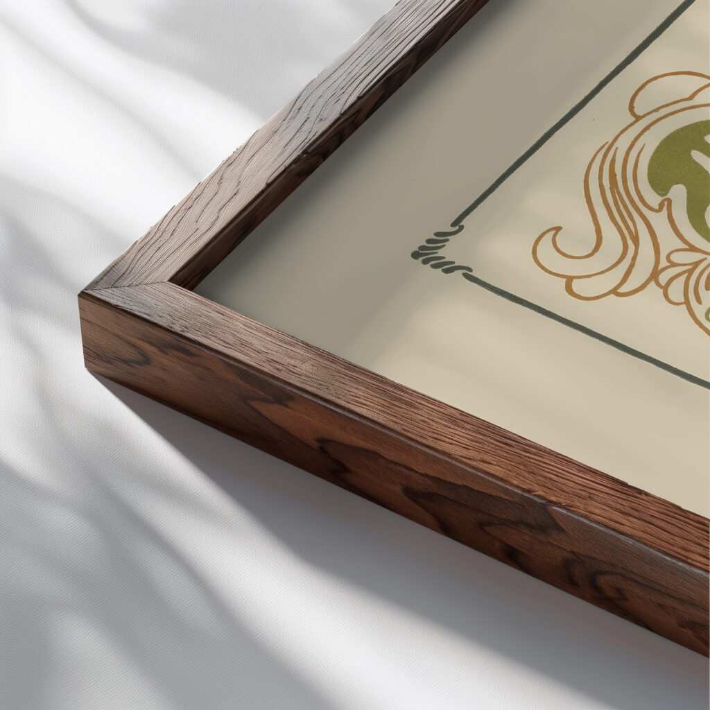 Abstract design based on flowers and leaves. 1900 George Auriol close up dark wood mockup