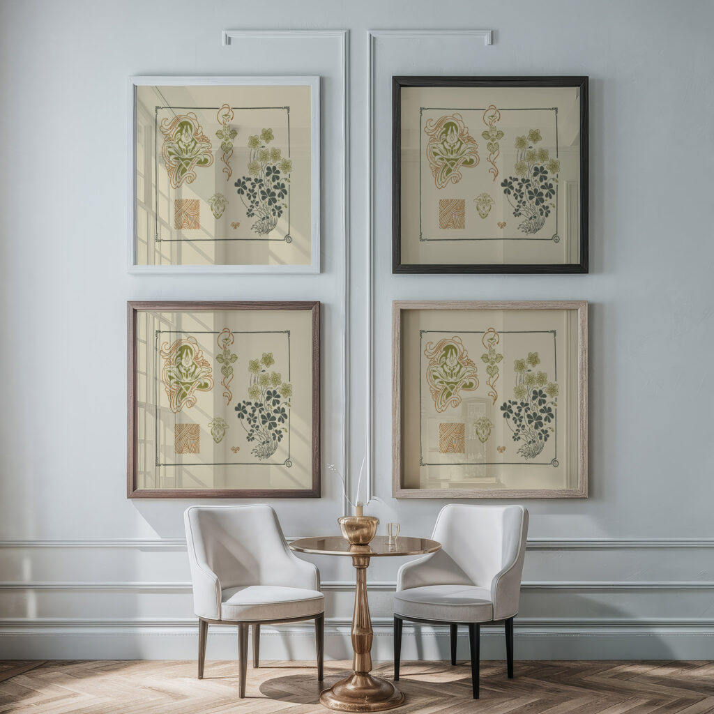 Abstract design based on flowers and leaves. 1900 George Auriol framed posters mockup