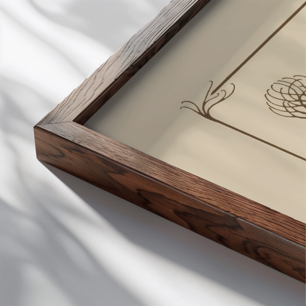 Abstract design based on flowers and thorns. 1900 Maurice Pillard Verneuil close up dark wood mockup