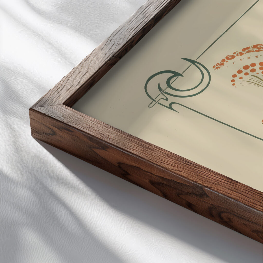 Abstract design based on flowers angels birds beetles. 1900 Alphonse Mucha close up dark wood mockup