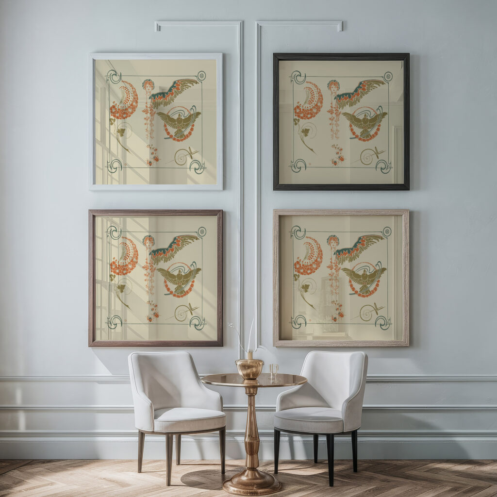 Abstract design based on flowers angels birds beetles. 1900 Alphonse Mucha framed posters mockup