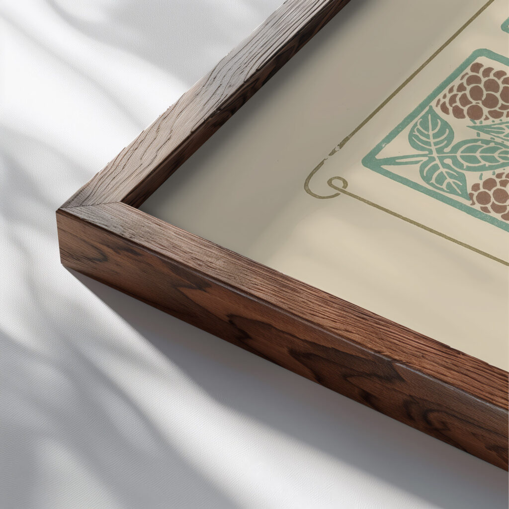 Abstract design based on leaf clover berry shapes. 1900 Maurice Pillard Verneuil close up dark wood mockup