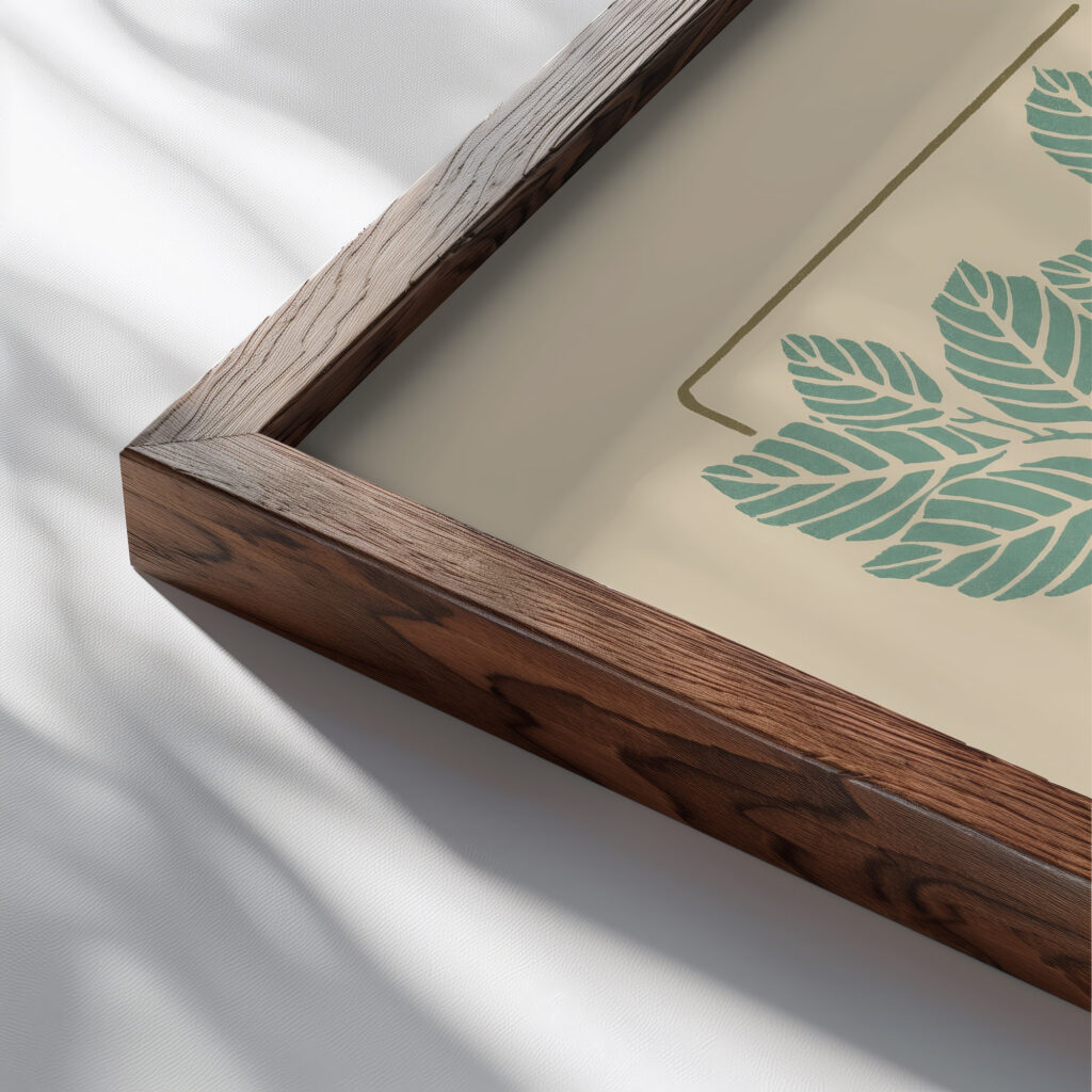 Abstract design based on leaves grass and flowers 1900 George Auriol close up dark wood mockup