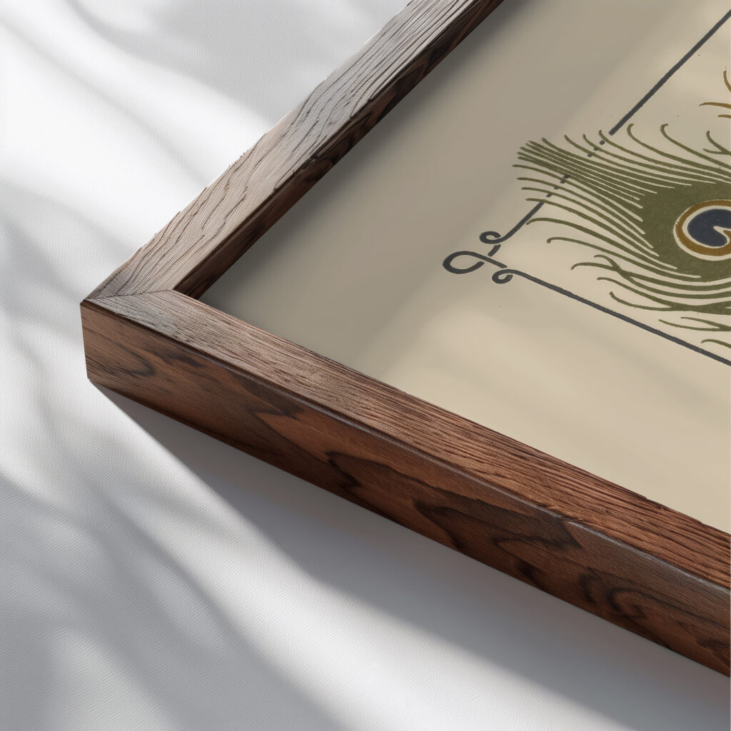 Abstract design based on peacock feathers. 1900 Maurice Pillard Verneuil close up dark wood mockup