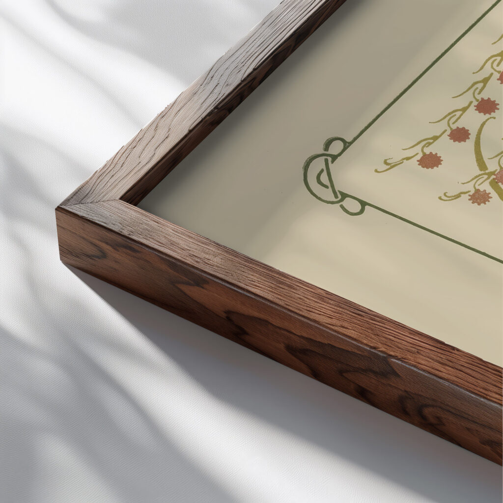 Abstract design based on small leaf shapes. 1900 Maurice Pillard Verneuil close up dark wood mockup