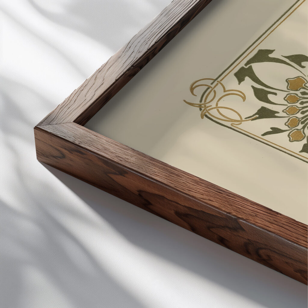 Abstract design based on stars circles leaves. 1900 Alphonse Mucha close up dark wood mockup