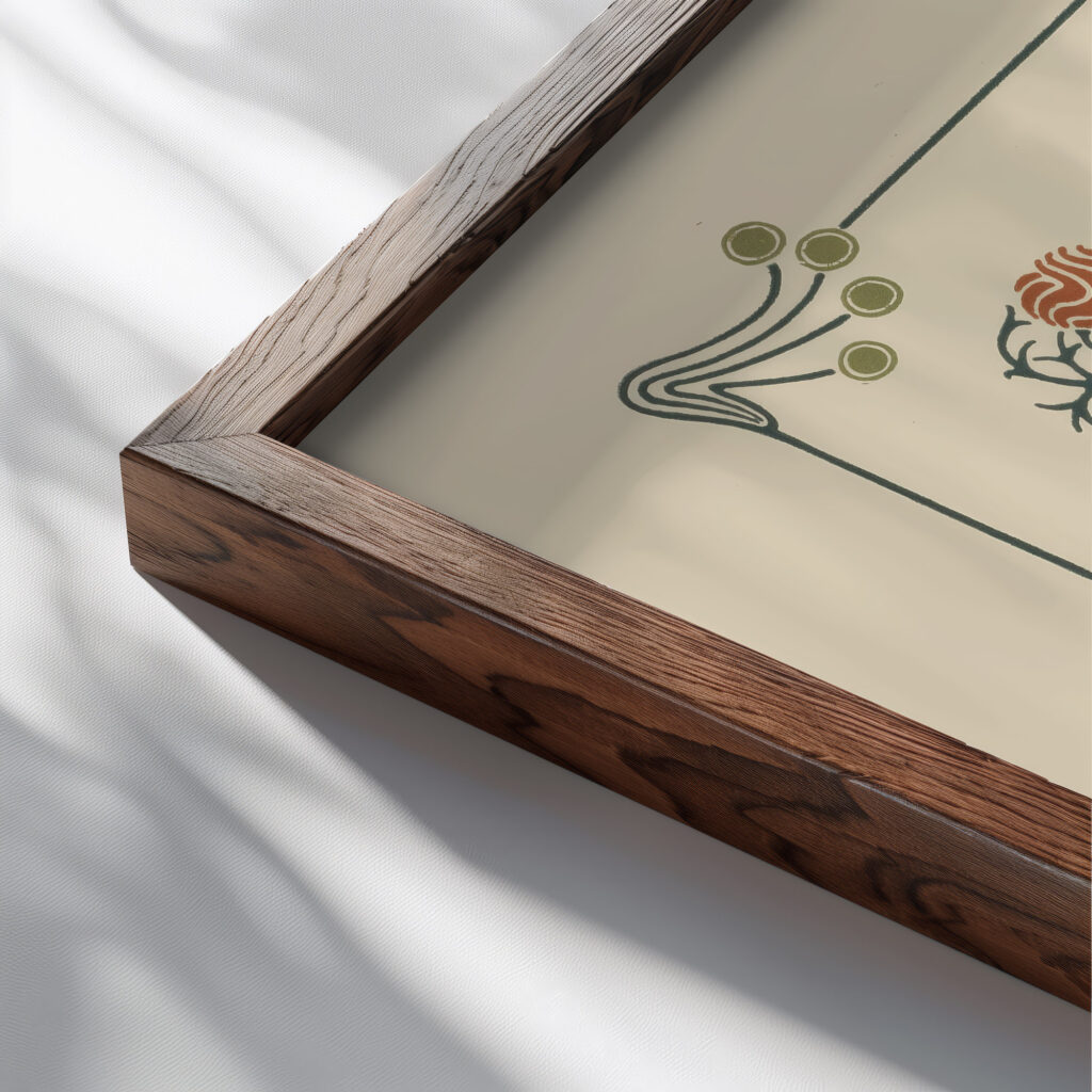 Abstract design based on tiny flowers and leaves. 1900 Maurice Pillard Verneuil close up dark wood mockup