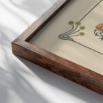 Abstract design based on tiny flowers and leaves. 1900 Maurice Pillard Verneuil close up dark wood mockup