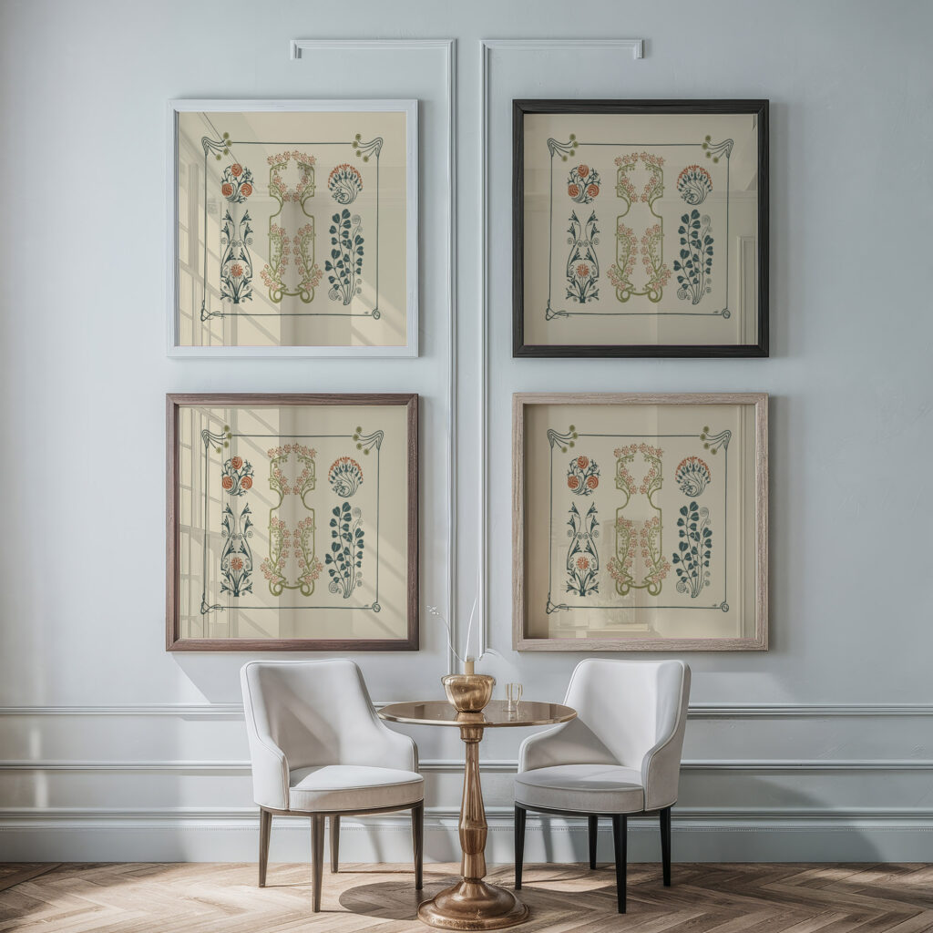 Abstract design based on tiny flowers and leaves. 1900 Maurice Pillard Verneuil framed posters mockup