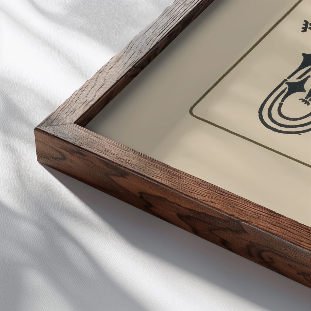 Abstract design based on tiny leaves on stems. 1900 Maurice Pillard Verneuil close up dark wood mockup