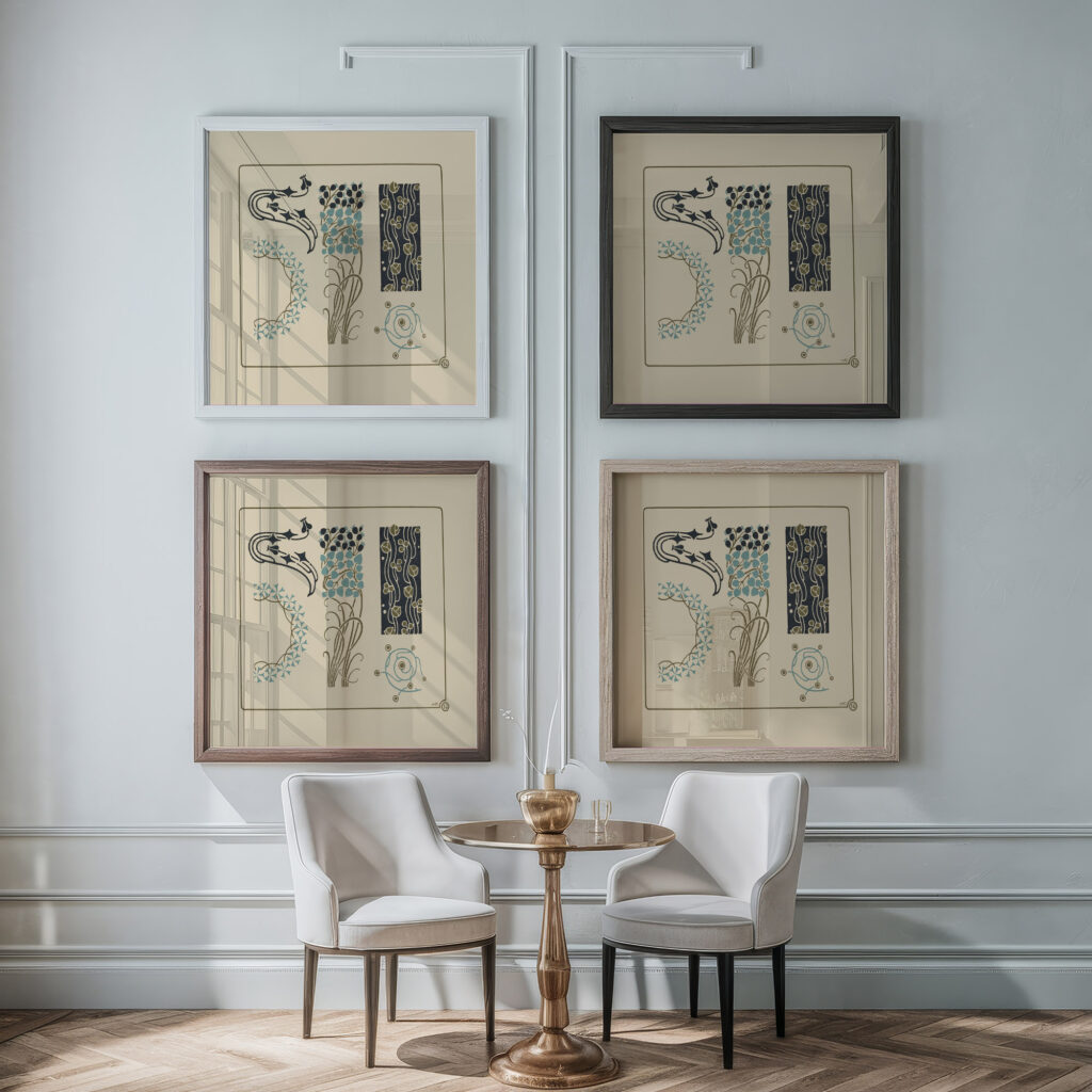 Abstract design based on tiny leaves on stems. 1900 Maurice Pillard Verneuil framed posters mockup