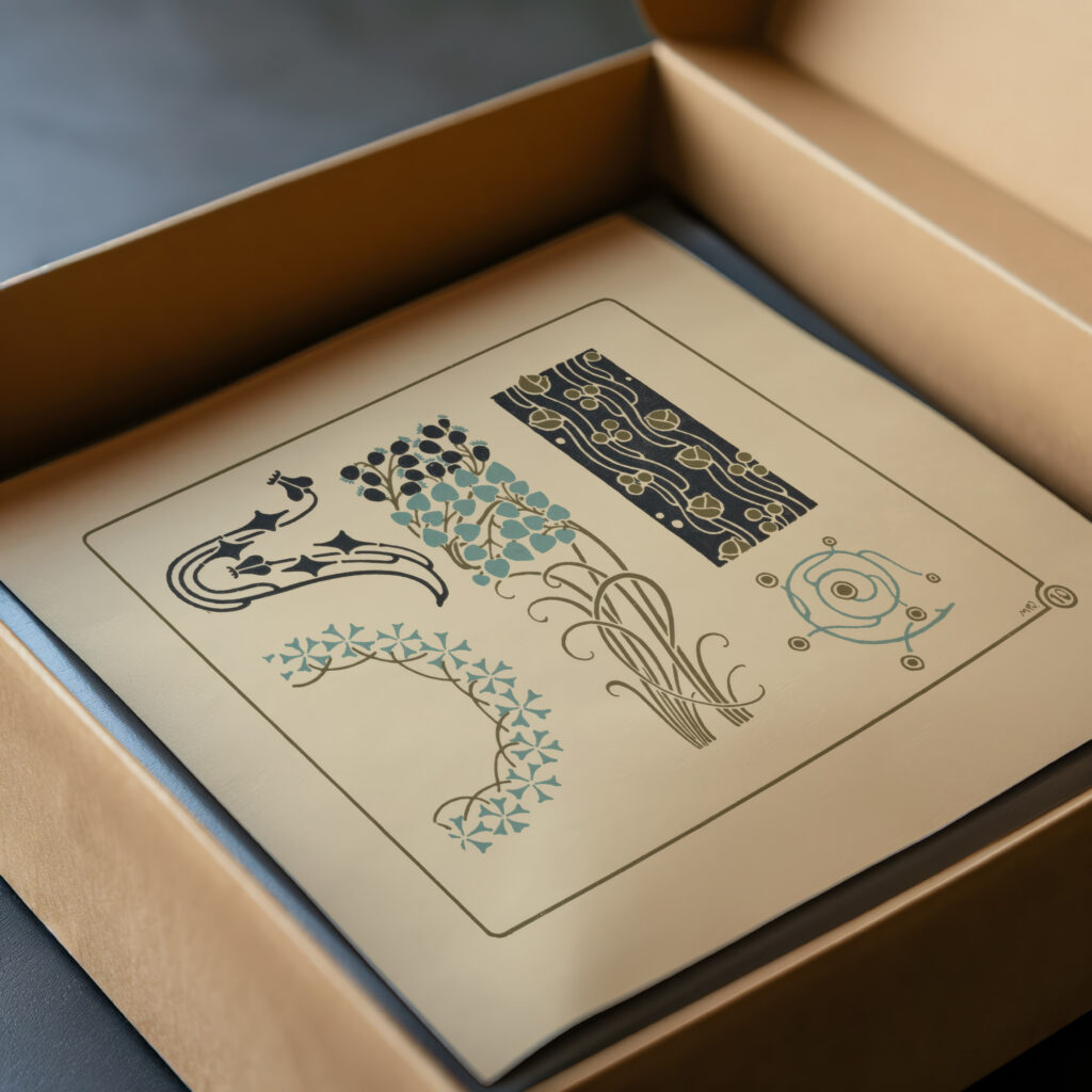 Abstract design based on tiny leaves on stems. 1900 Maurice Pillard Verneuil video mockup