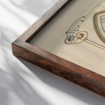 Abstract design based on wings and leaf shapes. 1900 Alphonse Mucha close up dark wood mockup